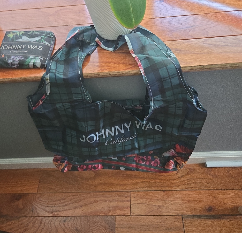 Johnny Was Dark Green Plaid Reusable Foldable  Tote with Floral Trim